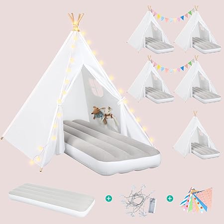 wilwolfer 6 Pack Kids Teepee Tent Bulk with Light and Inflatable Airbe