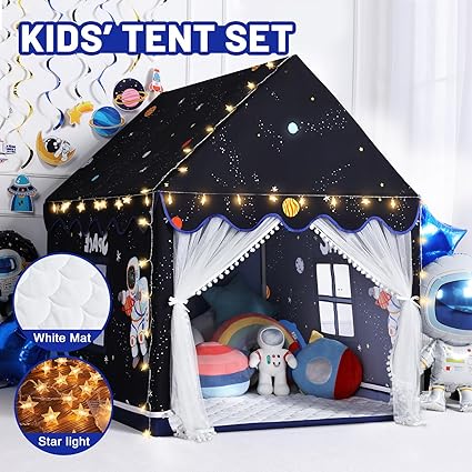 Wilwolfer Space Kids Tent Indoor: with Mat, Star Lights - Kids Play Tent Space Toys for Toddlers - Bedroom Decorations Astronaut Rocket Ship (Black)