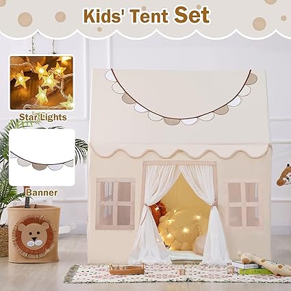 Wilwolfer Play Tent for Kids with Star Lights & Banners, Kids Tent Indoor for Toddler, Indoor Plyahouse for Playroom Furniture, Gift Toys for Boys & Girls