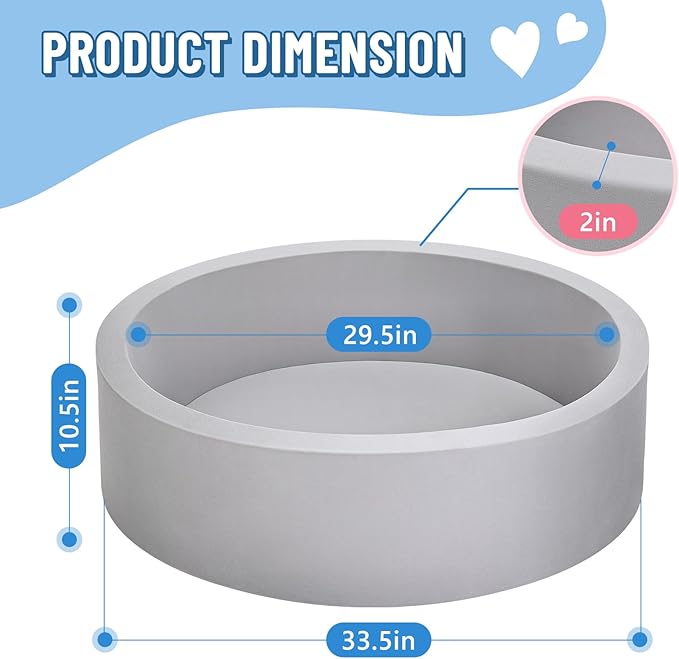 Foam Ball Pit for Toddlers, Large Baby Ball Pit for Babies with Soft Memory Sponge, Indoor Outdoor Baby Playpen, Kids Play Ball Pool, Gift Toys for Infants Boys and Girls (Gray, NO Balls)