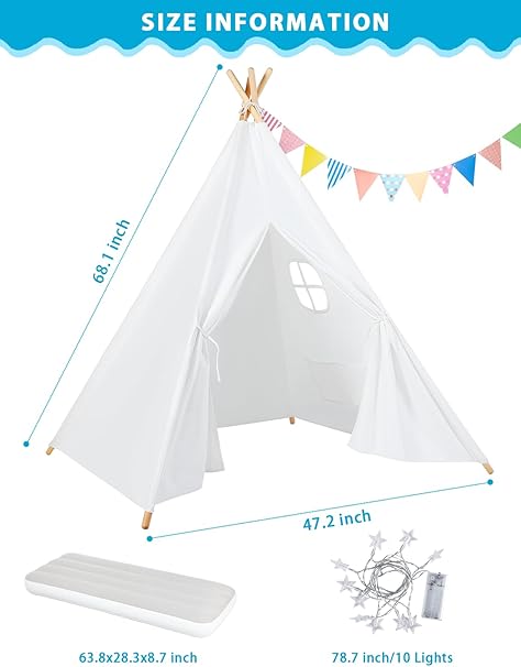 Wilwolfer 4 Pack Kids Teepee Tent - Play Tent with Star Lights, Colorful Flags & Inflatable Airbed – Foldable Toddler Playhouse, Sleepover Party Supplies Gifts