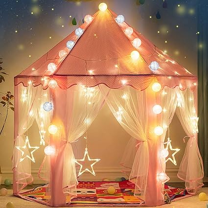 wilwolfer Princess Tent for Girls with Large Star Lights, Kids Play Tent Large Space Playhouse for Children Indoor Games, Toy & Gift for Kids Girls & Boys Age 3+ Child