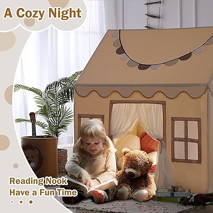 Wilwolfer Play Tent for Kids Indoor - Kids Tent Indoor Toddlers Large Toddler Toy House Birthday Gift for Boys & Girls Playroom Decor (Beige Playhouse with Mat)