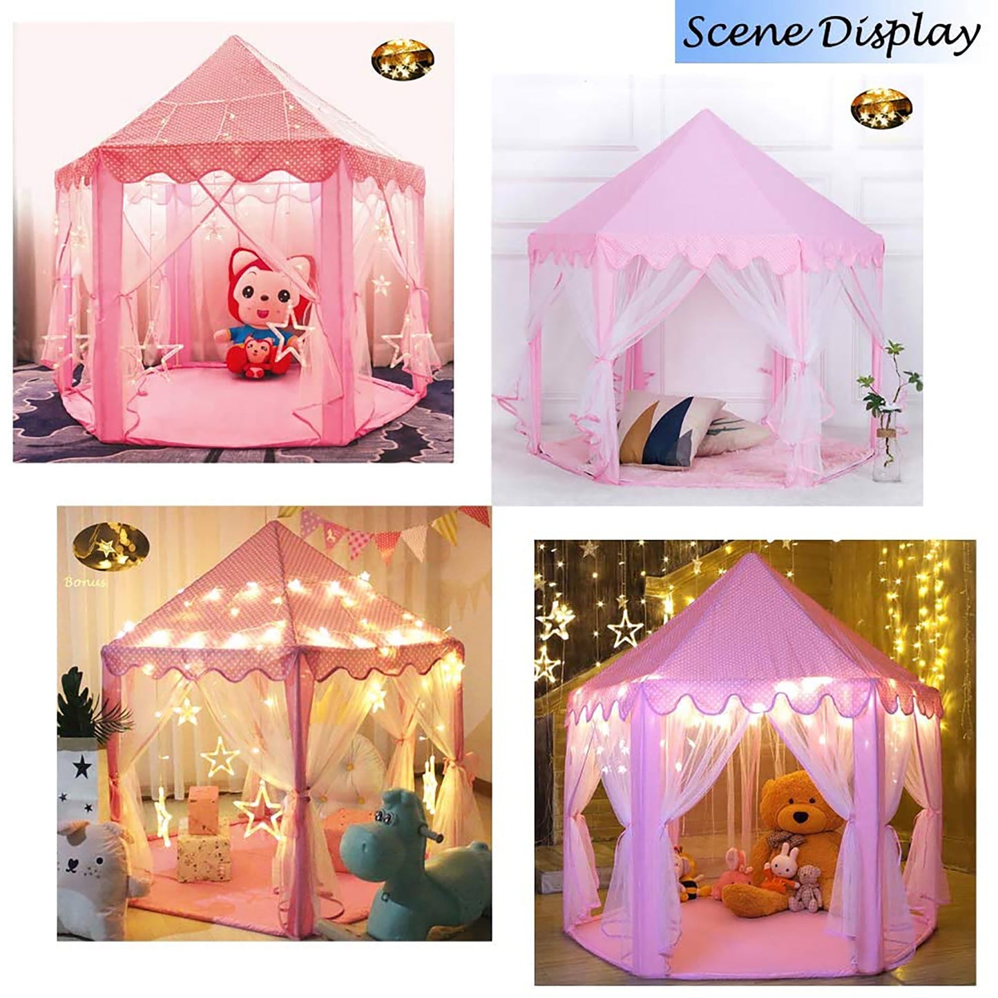 Princess Castle Kids Play Tent Toys for 3 6 8 12 Years Indoor Girls Hexagon Playhouse with Star Lights