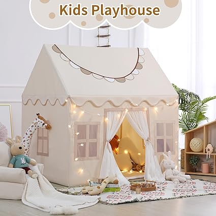 Wilwolfer Play Tent for Kids Indoor - Kids Tent Indoor Toddlers Large Toddler Toy House Birthday Gift for Boys & Girls Playroom Decor (Beige Playhouse with Mat)