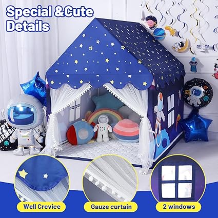 Wilwolfer Space Kids Tent Indoor: with Mat, Star Lights - Kids Play Tent Space Toys for Toddlers - Bedroom Decorations Astronaut Toys Rocket Ship (Blue)