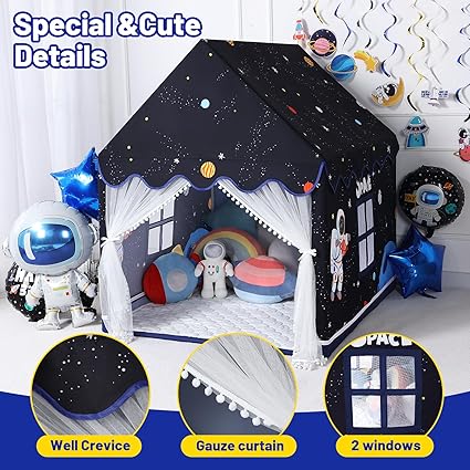 Wilwolfer Space Kids Tent Indoor: with Mat, Star Lights - Kids Play Tent Space Toys for Toddlers - Bedroom Decorations Astronaut Rocket Ship (Black)