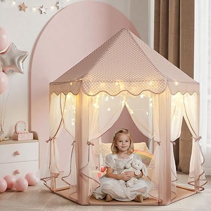 Wilwolfer Princess Castle Play Tent for Girls Large Kids Play Tents Hexagon Playhouse with Star Lights Toys for Children Indoor Games
