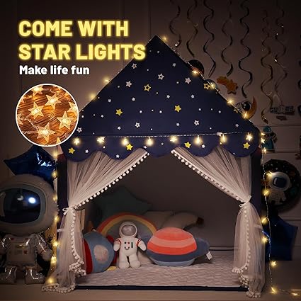 Wilwolfer Space Kids Tent Indoor: with Mat, Star Lights - Kids Play Tent Space Toys for Toddlers - Bedroom Decorations Astronaut Toys Rocket Ship (Blue)