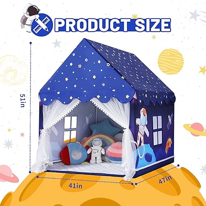 Wilwolfer Space Kids Tent Indoor: with Mat, Star Lights - Kids Play Tent Space Toys for Toddlers - Bedroom Decorations Astronaut Toys Rocket Ship (Blue)