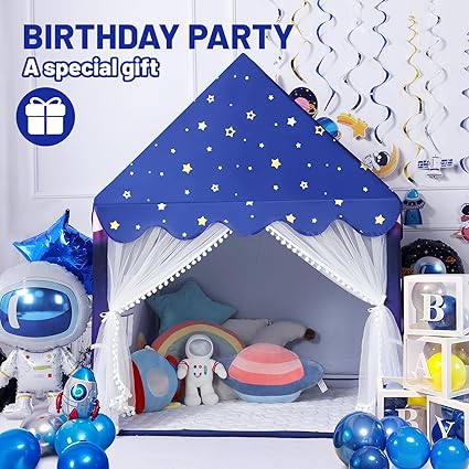 Wilwolfer Space Kids Tent Indoor: with Mat, Star Lights - Kids Play Tent Space Toys for Toddlers - Bedroom Decorations Astronaut Toys Rocket Ship (Blue)