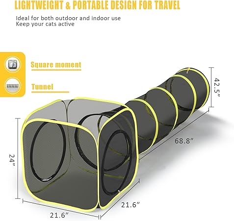Outdoor Cat Enclosure & Tunnel - Portable Mesh Tent, Cat Playhouse with Adjustable Harness & Leash, Colorful Tease Ball