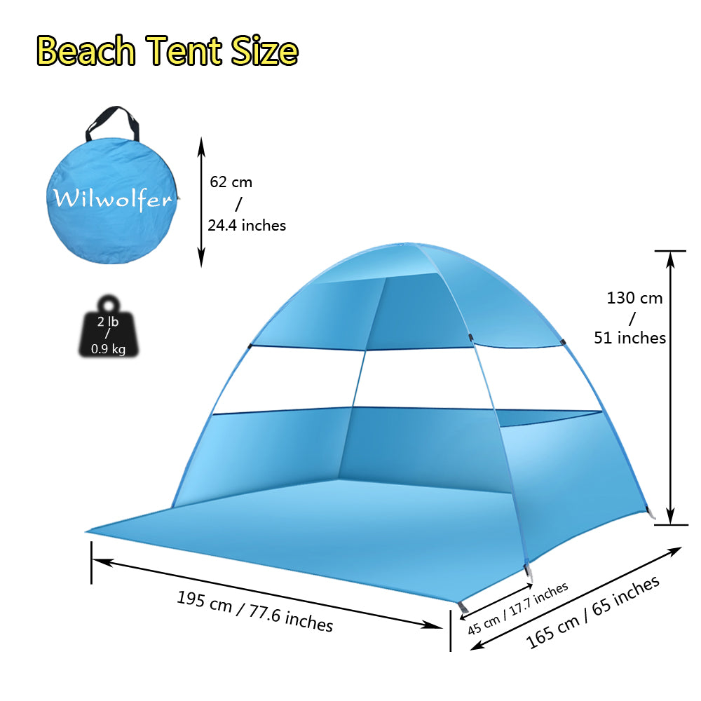 wilwolfer Beach Tent Pop Up Sun Shelter Plus Cabana Automatic Canopy Shade Portable UV Protection IV