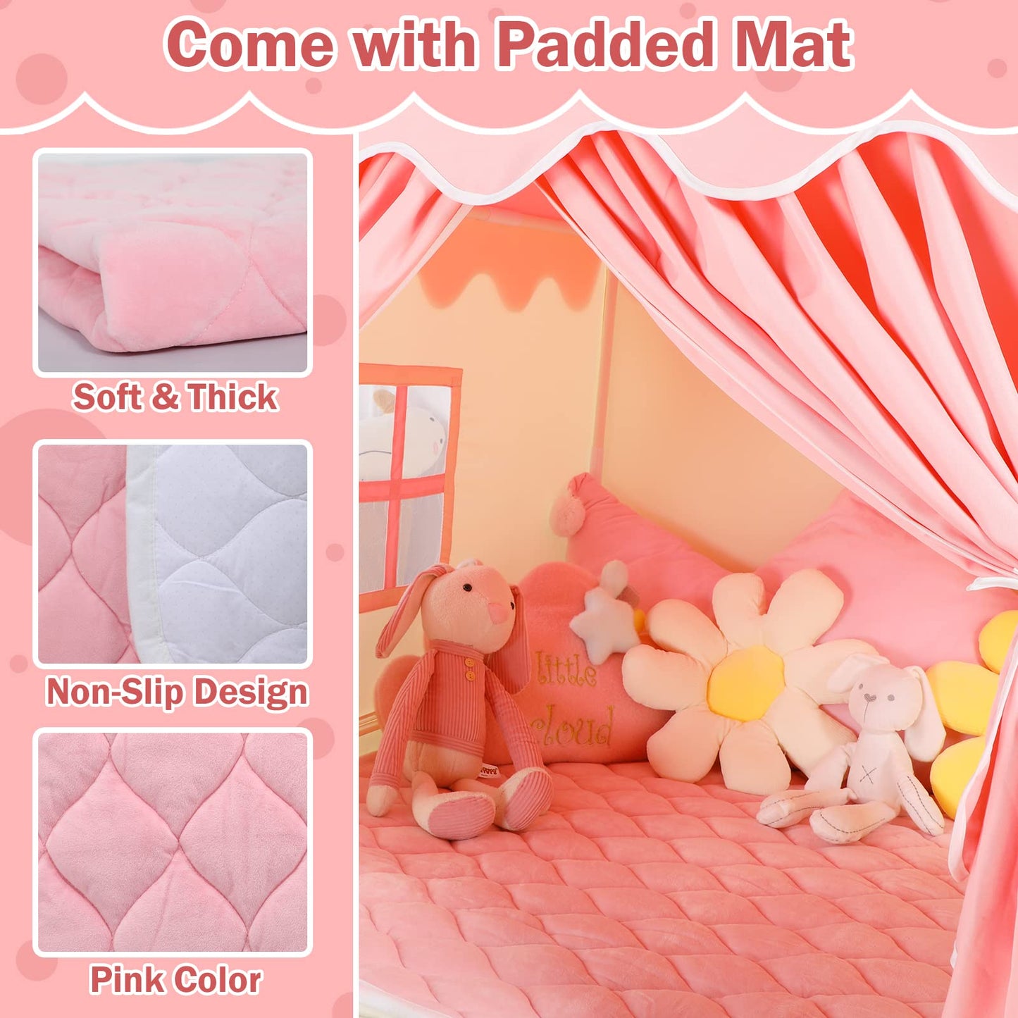 Wilwolfer Kid Tent with Padded Mat, Star Lights - Kids Play Tents for Toddlers Kids Tents Indoor Playhouse - Princess Tent for Girls Toy House Gift - Pink & Yellow, 47x41x51