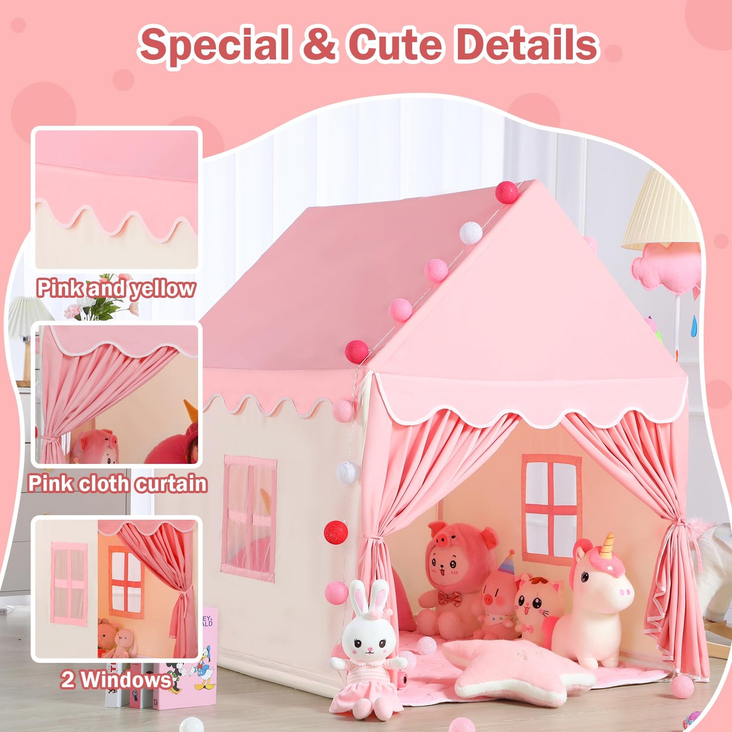 Wilwolfer Kid Tent with Padded Mat, Star Lights - Kids Play Tents for Toddlers Kids Tents Indoor Playhouse - Princess Tent for Girls Toy House Gift - Pink & Yellow, 47x41x51