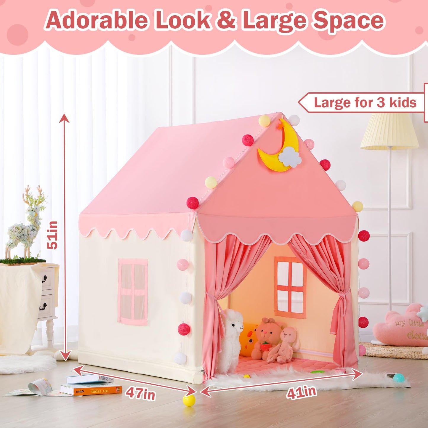 Wilwolfer Kid Tent with Padded Mat, Star Lights - Kids Play Tents for Toddlers Kids Tents Indoor Playhouse - Princess Tent for Girls Toy House Gift - Pink & Yellow, 47x41x51