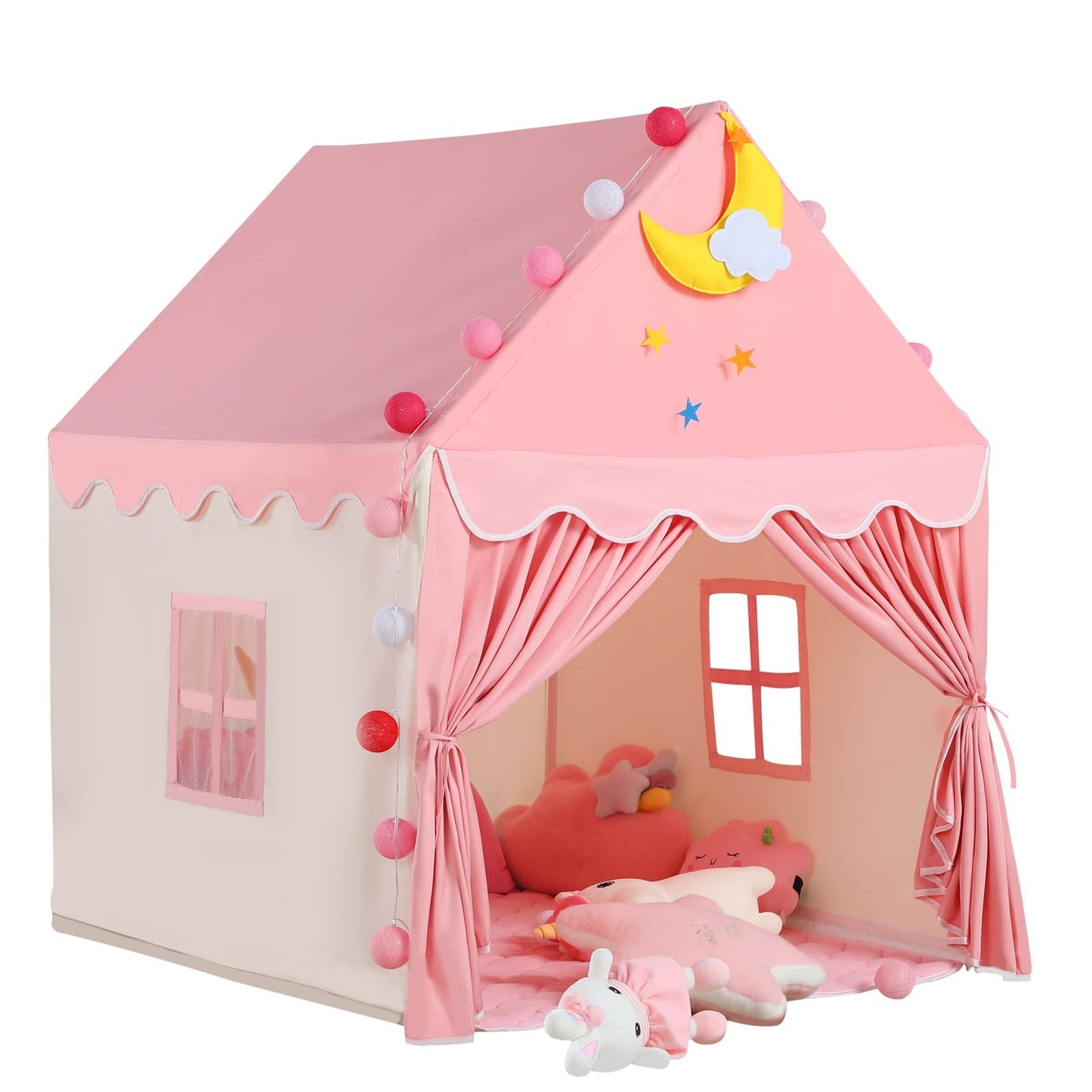Wilwolfer Kid Tent with Padded Mat, Star Lights - Kids Play Tents for Toddlers Kids Tents Indoor Playhouse - Princess Tent for Girls Toy House Gift - Pink & Yellow, 47x41x51