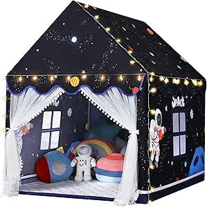 Wilwolfer Space Kids Tent Indoor: with Mat, Star Lights - Kids Play Tent Space Toys for Toddlers - Bedroom Decorations Astronaut Rocket Ship (Black)