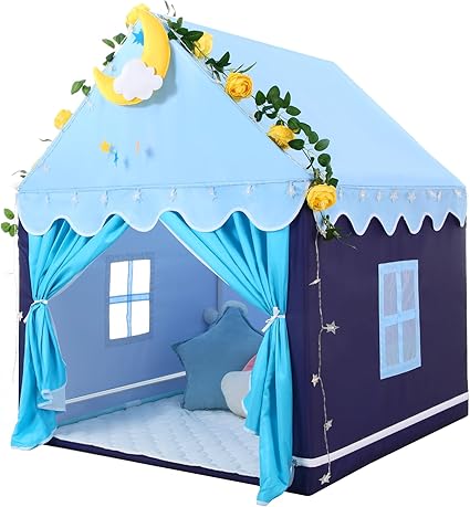Wilwolfer Kid Tent with Mat, Star Lights - Kids Play Tents for Toddlers Kids Tents Indoor Playhouse - Princess Tent for Girls Toy House Gift (Blue with Cloth)