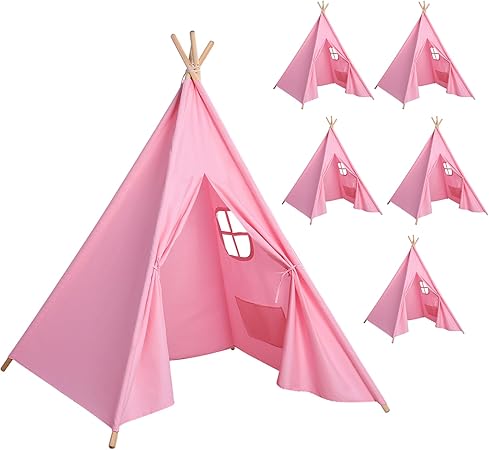 Wilwolfer 6 Pack Pink Kids Teepee Tent with Lights&Flag – Play Tent for Girls Sleepover Party - Indoor Foldable Toddler Playhouse Supplies-Best Gift for Party Decor