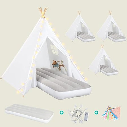 Wilwolfer 4 Pack Kids Teepee Tent - Play Tent with Star Lights, Colorful Flags & Inflatable Airbed – Foldable Toddler Playhouse, Sleepover Party Supplies Gifts