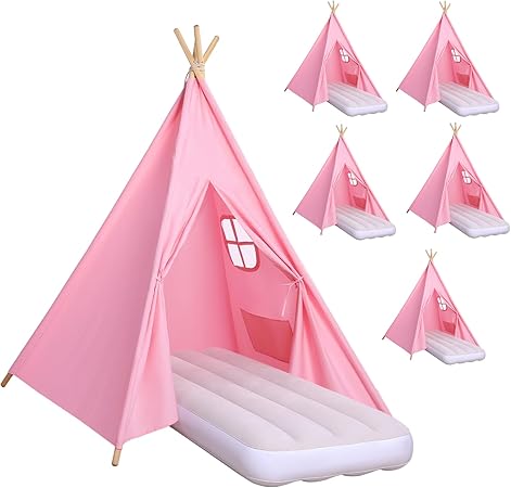 Wilwolfer Sleepover Tents for Kids Party-6 Pack Tipi Playhouse for Kids with Lights& Flag& Inflatable Airbed -Indoor/Outdoor Foldable -Slumber Party Tent-Sleepover Party Supplies
