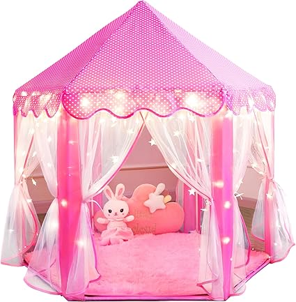 Princess Tent for Girls Unicorn Fairy Castle Play Tents for Kids Toddler, Hexagon Kids Playhouse with Gift Box, Princess Toys & Gift for Girls Aged 3+ for Indoor & Outdoor(Pink Tent with Mat)