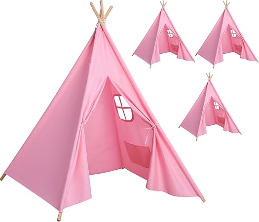 Wilwolfer 4 Pack Pink Teepee Tent Kids with Lights& Flag – Play Tent for Girls-Indoor Outdoor Foldable Toddler Playhouse-Sleepover Party Supplies-Best Gift for Party Decor