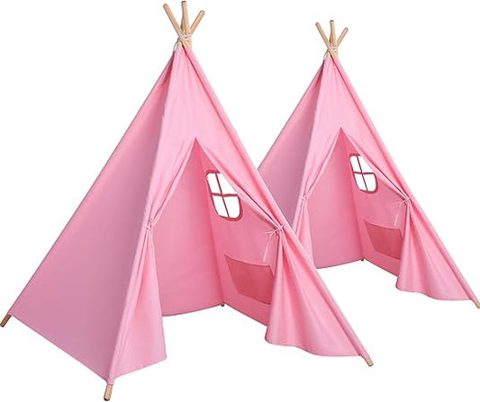 Wilwolfer 2 Pack Pink Kids Teepee Tent with Lights&Flag – Play Tent for Girls-Indoor Outdoor Foldable Toddler Playhouse -Sleepover Party Supplies-Best Gift for Party Decor