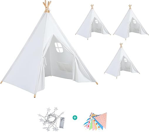 Wilwolfer 4 Pack Teepee Tent for Kids– Play Tent for Toddlers with Star Lights & Color Flags – Foldable Reading Nook for Boys & Girls – Portable Toddler Boho Playhouse Gift