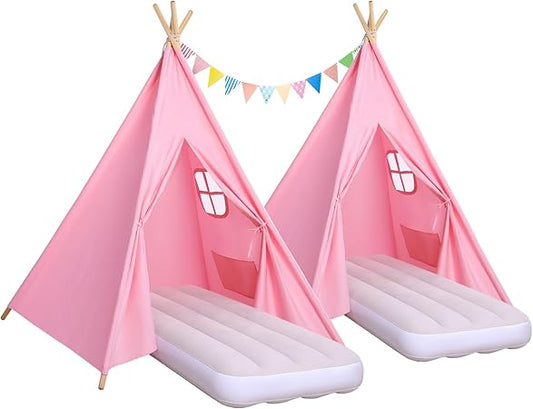 Wilwolfer Pink Sleepover Teepee Tent for Kids-2 Pack Tipi Playhouse for Kids with Lights& Flag& Inflatable Airbed -Indoor/Outdoor Foldable- Slumber Party Tent -Sleepover Party Supplies