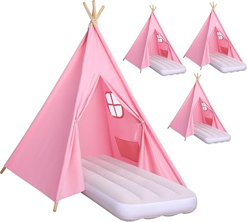 Wilwolfer Sleepover Pink Teepee Tent-4 Pack Tipi Playhouse for Kids with Lights& Flag& Inflatable Airbed -Indoor/Outdoor Foldable -Slumber Party Tent-Sleepover Party Supplies