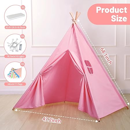 Wilwolfer Sleepover Tents for Kids Party-6 Pack Tipi Playhouse for Kids with Lights& Flag& Inflatable Airbed -Indoor/Outdoor Foldable -Slumber Party Tent-Sleepover Party Supplies
