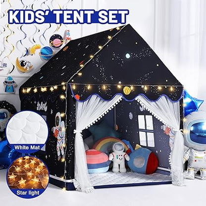 Wilwolfer Space Kids Tent Indoor: with Mat, Star Lights - Kids Play Tent Space Toys for Toddlers - Bedroom Decorations Astronaut Rocket Ship (Black)