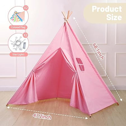 Wilwolfer 2 Pack Pink Kids Teepee Tent with Lights&Flag – Play Tent for Girls-Indoor Outdoor Foldable Toddler Playhouse -Sleepover Party Supplies-Best Gift for Party Decor