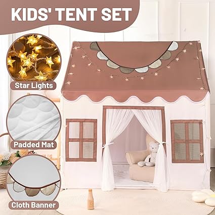 Wilwolfer Play Tent for Kids Indoor - Kids Play Tent Indoor Toddlers Play House Large Toddler Toy House Birthday Gift for Boys & Girls Playroom Decor (Brown Playhouse)