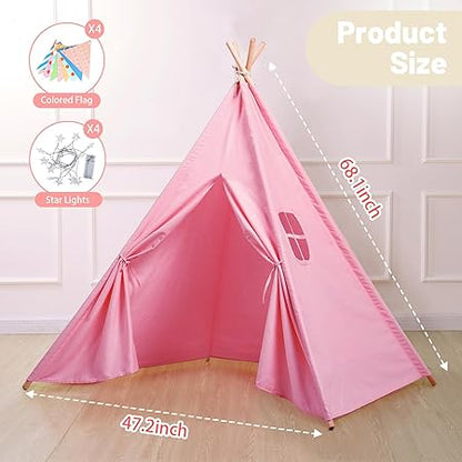Wilwolfer 4 Pack Pink Teepee Tent Kids with Lights& Flag – Play Tent for Girls-Indoor Outdoor Foldable Toddler Playhouse-Sleepover Party Supplies-Best Gift for Party Decor