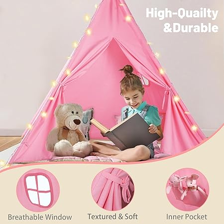 Wilwolfer 2 Pack Pink Kids Teepee Tent with Lights&Flag – Play Tent for Girls-Indoor Outdoor Foldable Toddler Playhouse -Sleepover Party Supplies-Best Gift for Party Decor