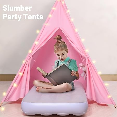 Wilwolfer Sleepover Tents for Kids Party-6 Pack Tipi Playhouse for Kids with Lights& Flag& Inflatable Airbed -Indoor/Outdoor Foldable -Slumber Party Tent-Sleepover Party Supplies