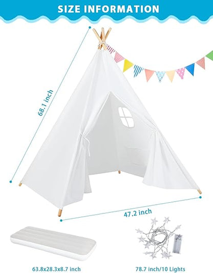 wilwolfer 6 Pack Kids Teepee Tent Bulk with Light and Inflatable Airbed, Natural Cotton Toddler Play Tent for Girls Boys Indoor Outdoor Sleepover Slumber Party Birthday Gifts