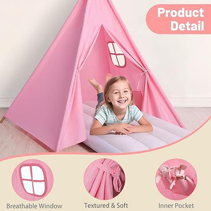 Wilwolfer Sleepover Pink Teepee Tent-4 Pack Tipi Playhouse for Kids with Lights& Flag& Inflatable Airbed -Indoor/Outdoor Foldable -Slumber Party Tent-Sleepover Party Supplies