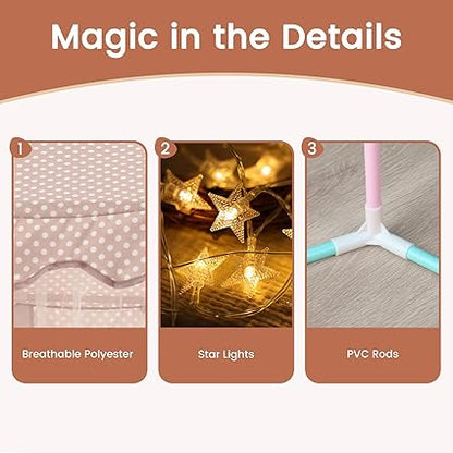 Wilwolfer Princess Castle Play Tent for Girls Large Kids Play Tents Hexagon Playhouse with Star Lights Toys for Children Indoor Games