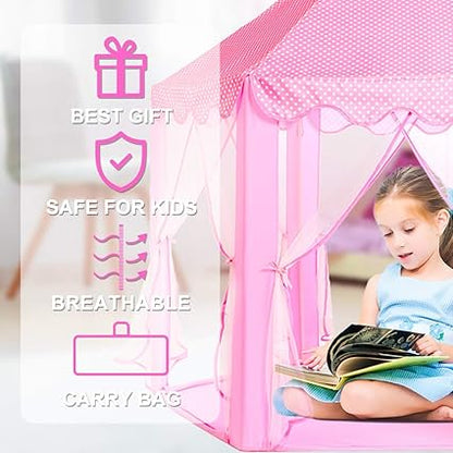 wilwolfer Princess Tent for Girls with Large Star Lights, Kids Play Tent Large Space Playhouse for Children Indoor Games, Toy & Gift for Kids Girls & Boys Age 3+ Child