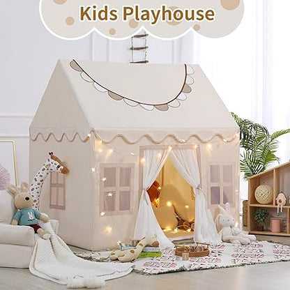 Wilwolfer Play Tent for Kids Indoor - Kids Tent Indoor Toddlers Large Toddler Toy House Birthday Gift for Boys & Girls Playroom Decor (Beige Playhouse with Mat)