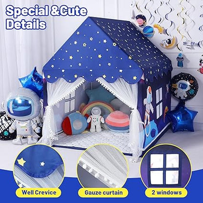 Wilwolfer Space Kids Tent Indoor: with Mat, Star Lights - Kids Play Tent Space Toys for Toddlers - Bedroom Decorations Astronaut Toys Rocket Ship (Blue)
