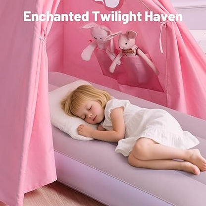 Wilwolfer Sleepover Pink Teepee Tent-4 Pack Tipi Playhouse for Kids with Lights& Flag& Inflatable Airbed -Indoor/Outdoor Foldable -Slumber Party Tent-Sleepover Party Supplies