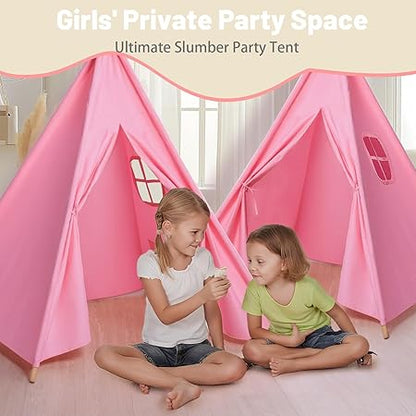 Wilwolfer 2 Pack Pink Kids Teepee Tent with Lights&Flag – Play Tent for Girls-Indoor Outdoor Foldable Toddler Playhouse -Sleepover Party Supplies-Best Gift for Party Decor