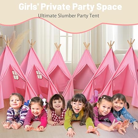 Wilwolfer 6 Pack Pink Kids Teepee Tent with Lights&Flag – Play Tent for Girls Sleepover Party - Indoor Foldable Toddler Playhouse Supplies-Best Gift for Party Decor