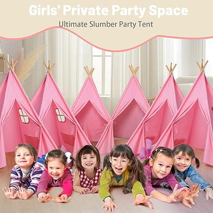 Wilwolfer 6 Pack Pink Kids Teepee Tent with Lights&Flag – Play Tent for Girls Sleepover Party - Indoor Foldable Toddler Playhouse Supplies-Best Gift for Party Decor