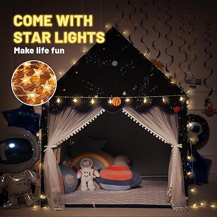Wilwolfer Space Kids Tent Indoor: with Mat, Star Lights - Kids Play Tent Space Toys for Toddlers - Bedroom Decorations Astronaut Rocket Ship (Black)